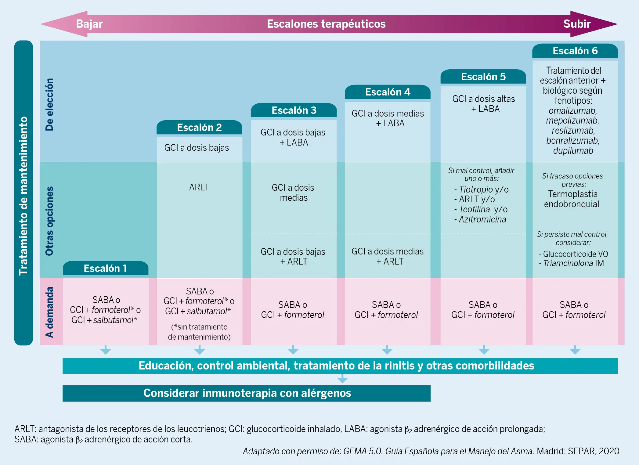 Figura 2.  Tratamiento escalonado en el asma según la Guía Española para el Manejo del Asma-GEMA 5.0. (Adaptado con permiso de: GEMA 5.0. Guía Española para el Manejo del Asma. Madrid: SEPAR, 2020)