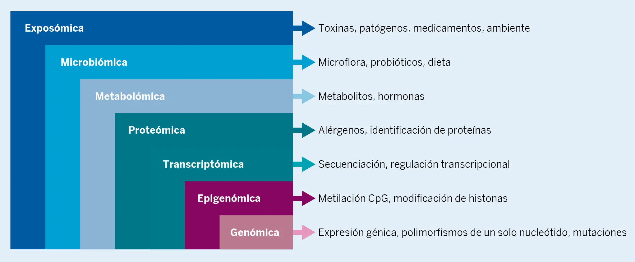 Figura 4. Tecnologías ómicas. Representación de las diferentes ómicas y su campo de aplicación