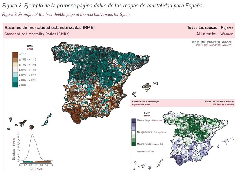 Ejemplo de la primera página doble de los mapas de mortalidad para España