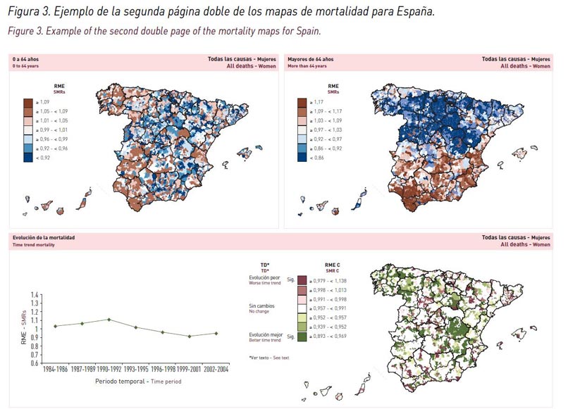 Ejemplo de la segunda página doble de los mapas de mortalidad para España