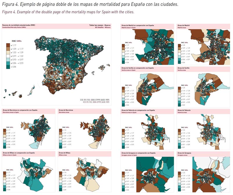 Ejemplo de página doble de los mapas de mortalidad para España con las ciudades