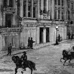 Electric lights illuminating street in 19th century