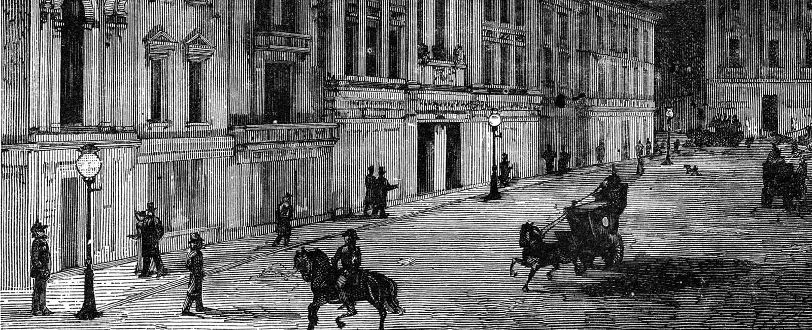 Electric lights illuminating street in 19th century
