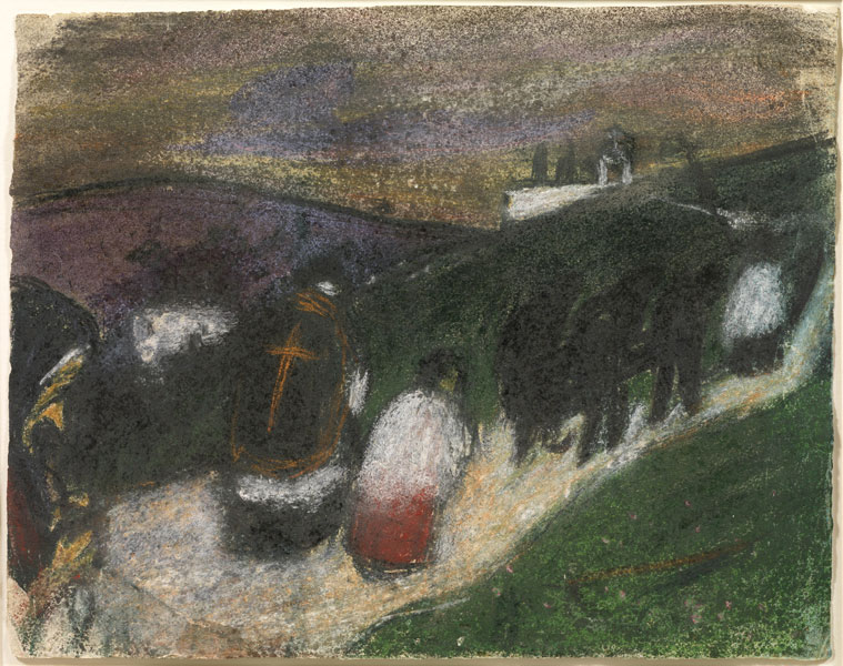 Entierro en el campo Pablo Picasso (*) Pastel sobre papel, 240 x 306 mm 1900 Barcelona, Museu Picasso Barcelona, MPB 110.223 © Sucesión Pablo Picasso, VEGAP, Madrid, 2024.