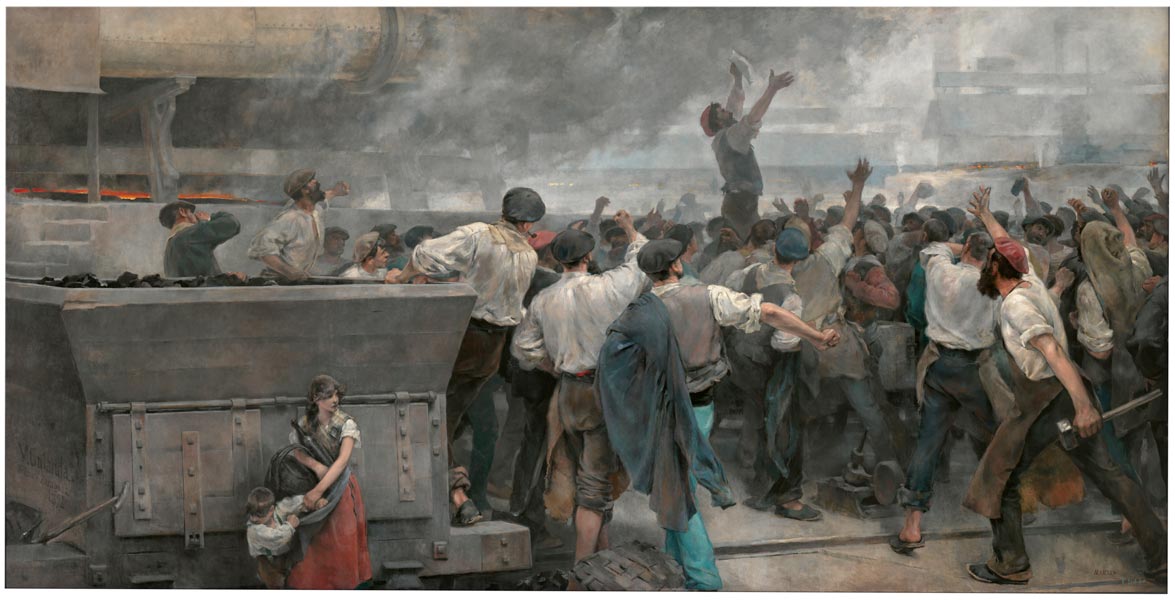 Una huelga de obreros en Vizcaya. Vicente Cutanda Óleo sobre lienzo, 275 x 550 cm 1892 Madrid, Museo Nacional del Prado, P-7793. Parte de la exposición Arte y transformaciones sociales en España (1885- 1910), patrocinada por la Fundación BBVA.