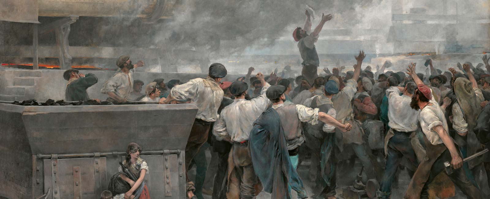 Una huelga de obreros en Vizcaya. Vicente Cutanda Óleo sobre lienzo, 275 x 550 cm 1892 Madrid, Museo Nacional del Prado, P-7793. Parte de la exposición Arte y transformaciones sociales en España (1885- 1910), patrocinada por la Fundación BBVA.